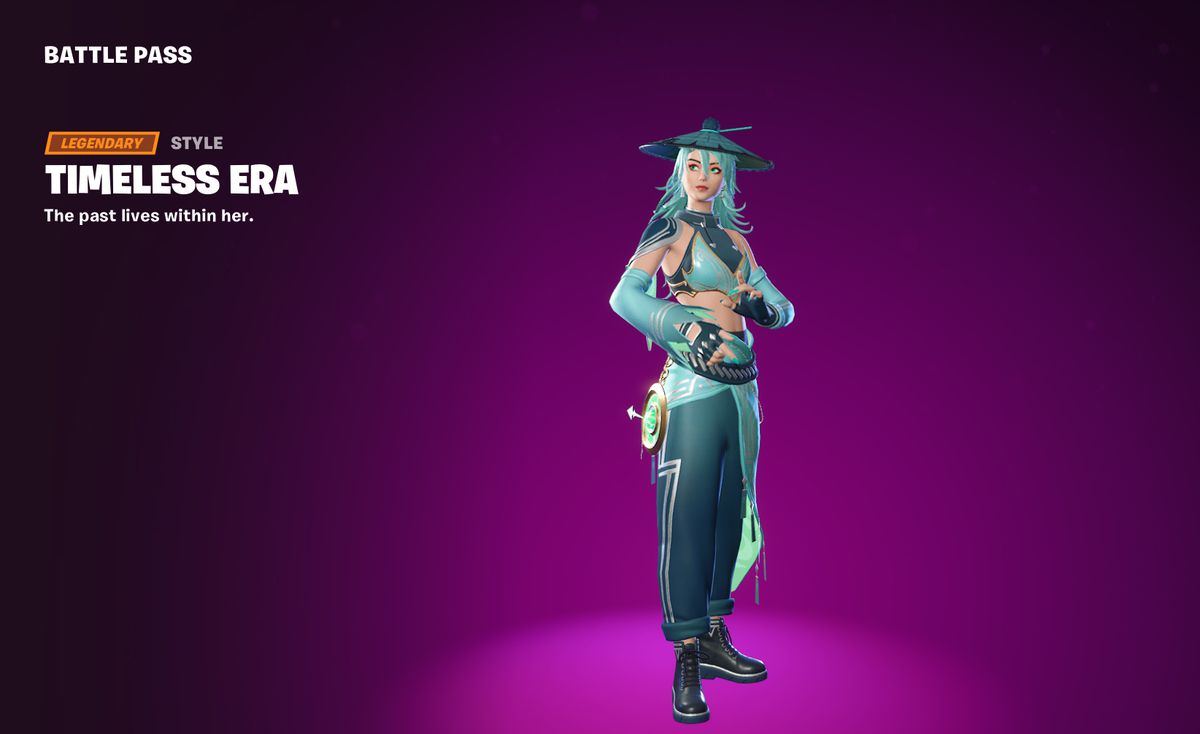 Era in a teal green outfit with a hat in Fortnite