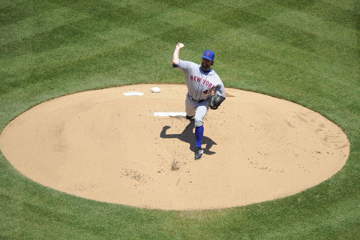 Jun 7, 2012; Washington, DC, USA; New York Mets starting pitcher R.A. Dickey (43) throws in the first inning against the Washington Nationals at Nationals Park. Mandatory Credit: Brad Mills-US PRESSWIRE