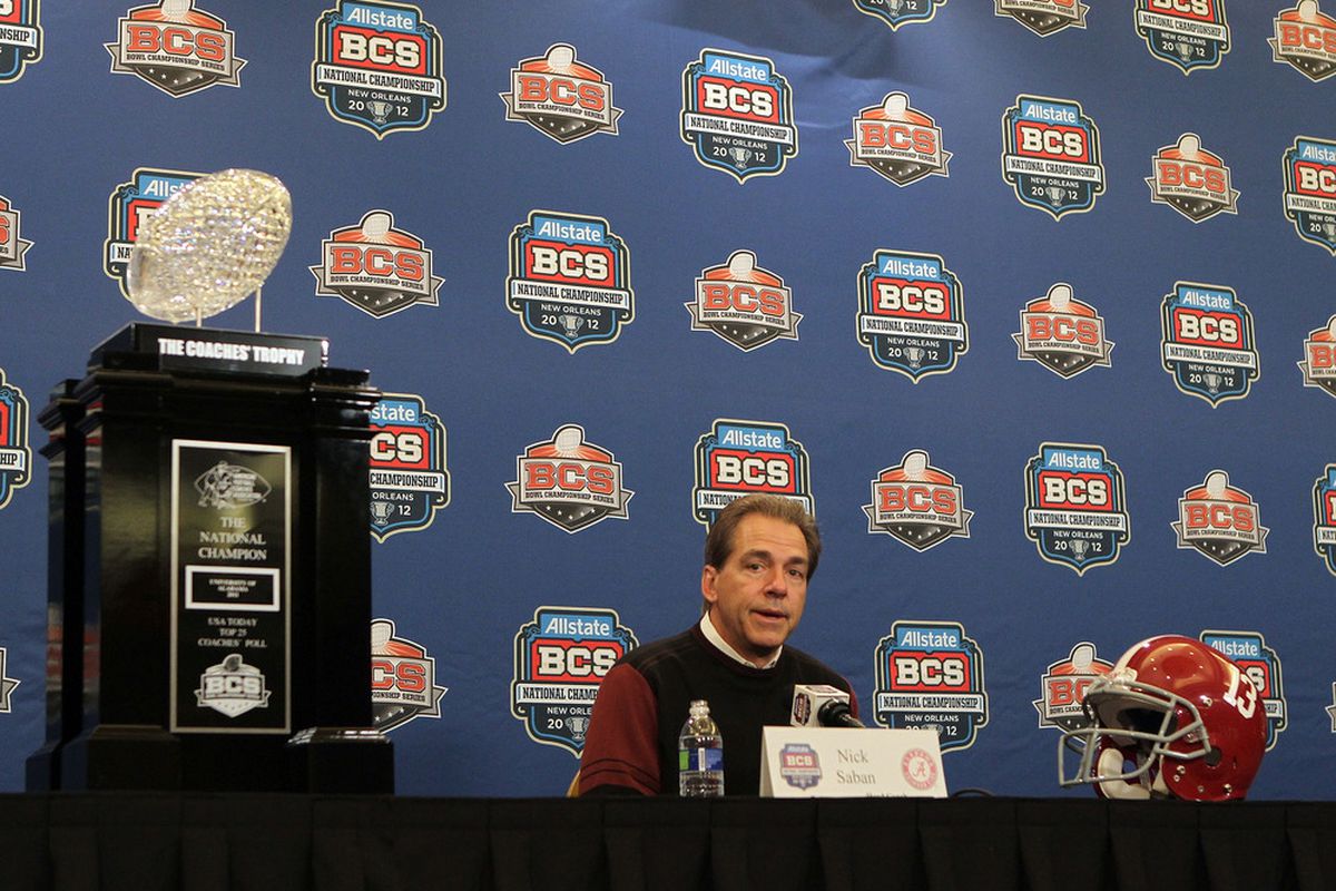 NEW ORLEANS, LA - JANUARY 10:  Nick Saban the head coach of the Alabama Crimson Tide talks to the media during a press Conference on January 10, 2012 in New Orleans, Louisiana.  (Photo by Andy Lyons/Getty Images)