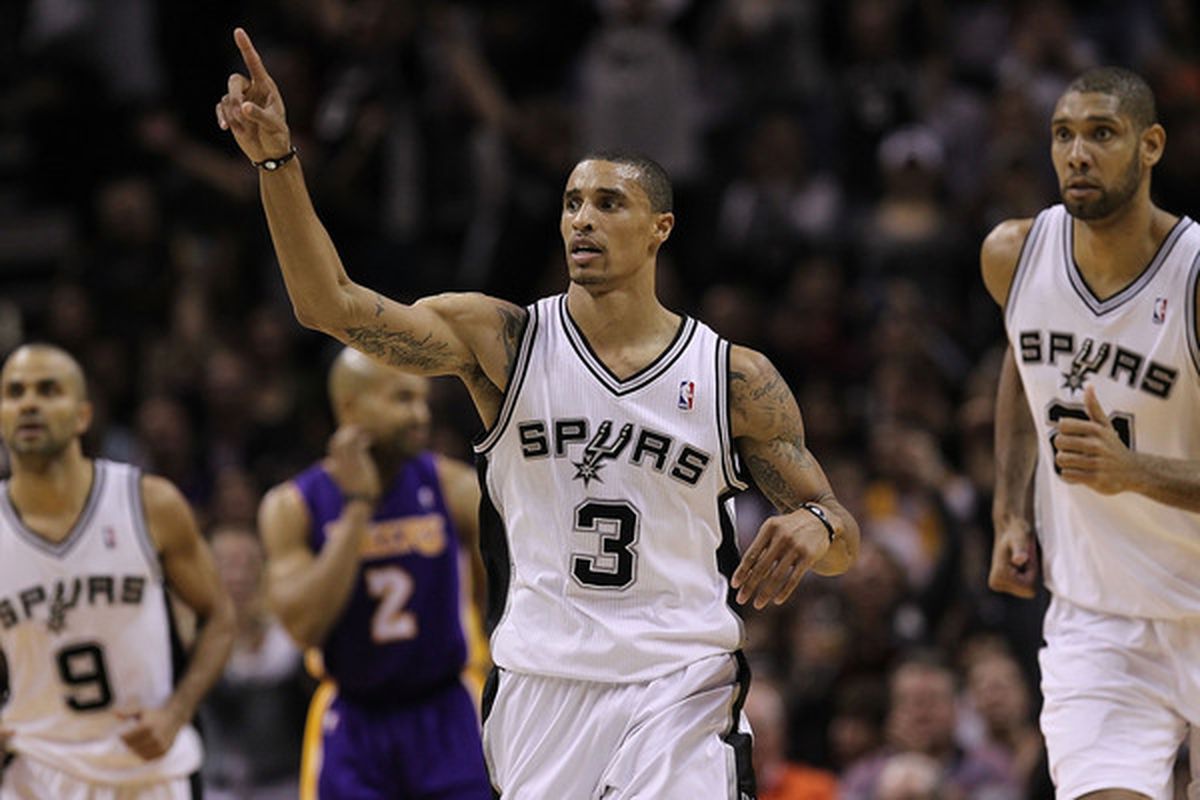 SAN ANTONIO TX - DECEMBER 28:  Guard George Hill #3 of the San Antonio Spurs reacts during play against the Los Angeles Lakers at AT&T Center on December 28 2010 in San Antonio Texas.  (Photo by Ronald Martinez/Getty Images)
