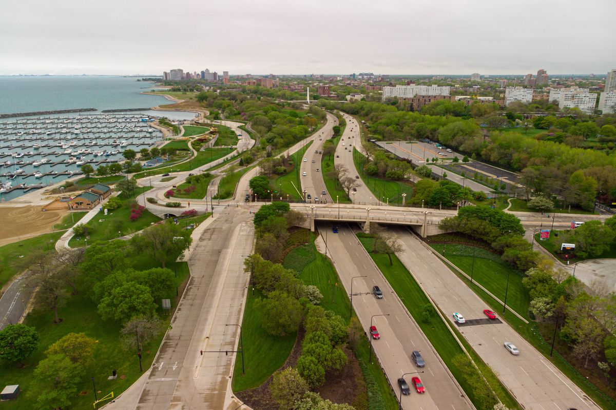 Aerial view looking south of the East 31st Street bridge crossing South Lake Shore Drive, Tuesday afternoon, May 4, 2021.