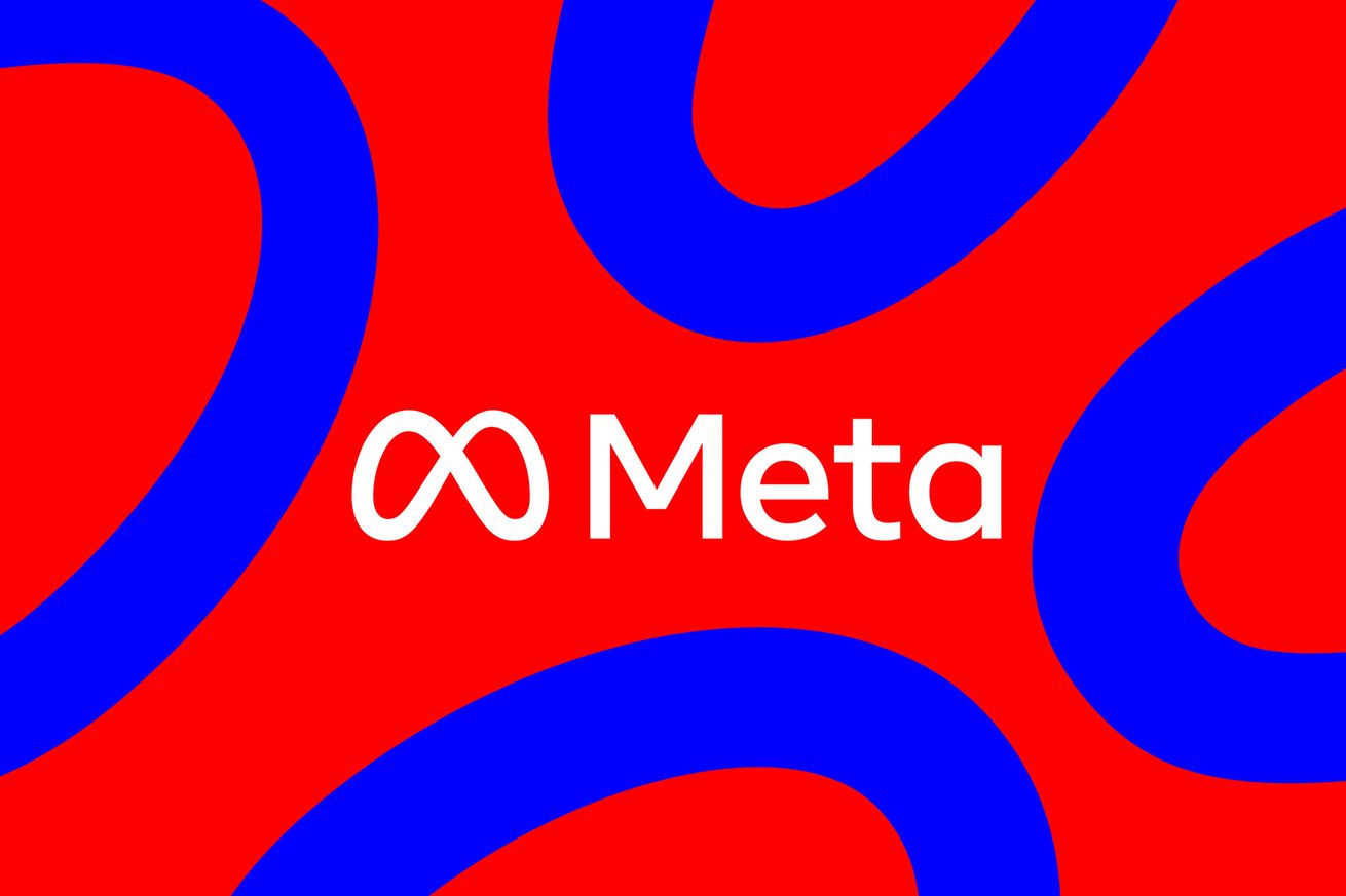 Image of Meta’s logo with a red and blue background.