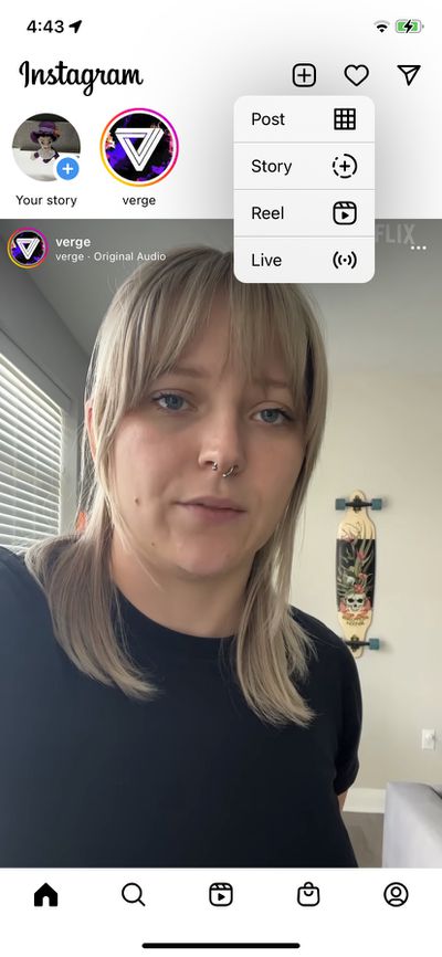 Instagram home page with post drop-down menu