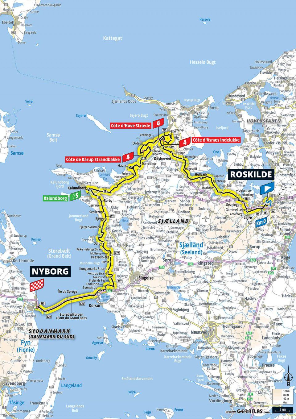 Maps of Stage 2 of the Tour de France from Roskilde to Nyborg in Denmark.