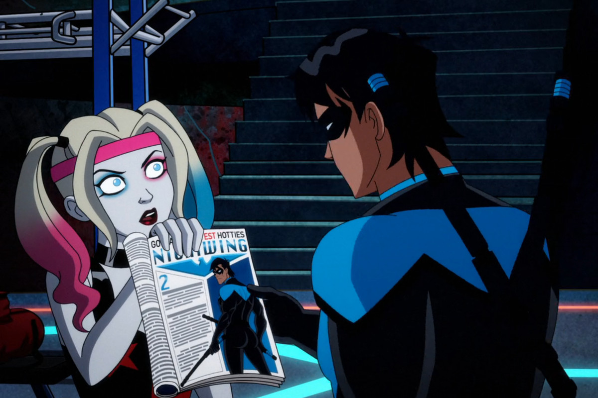 Harley Quinn shows Nightwing his spread in Gotham’s Hottest Hotties writing up his butt in season 4 of Harley Quinn.