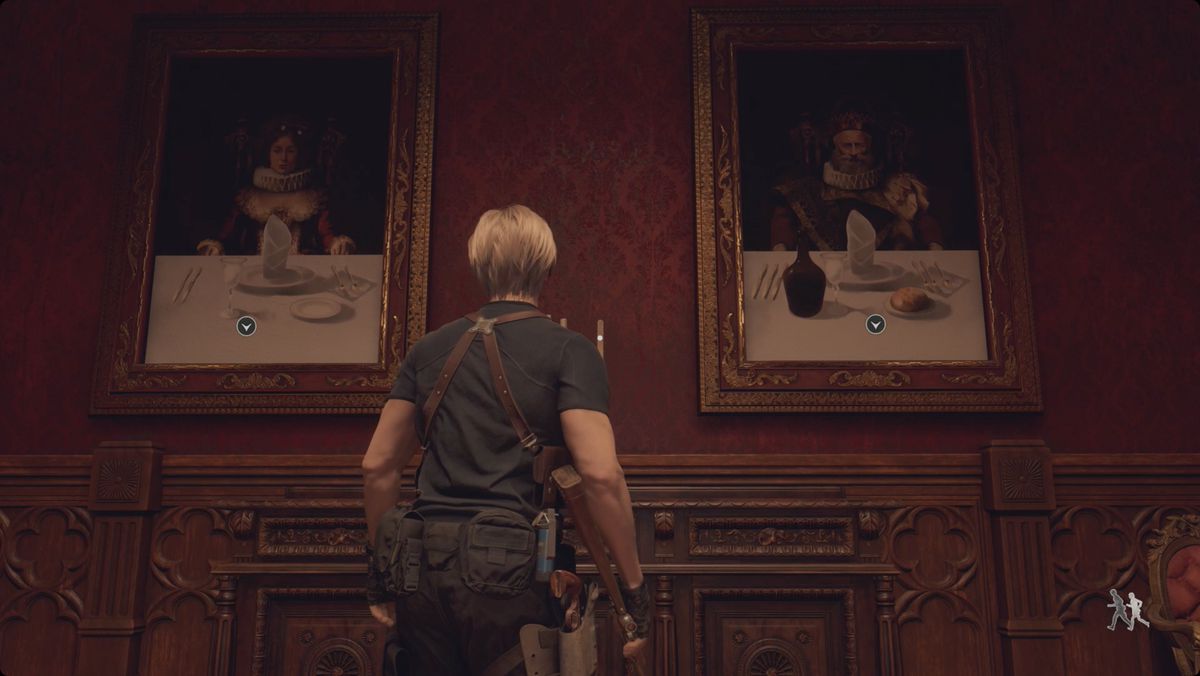 Resident Evil 4&nbsp;remake&nbsp;Leon standing in front of the portraits that show the solution to the Dining Hall puzzle.