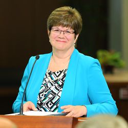 President Robin Linkhart, of the Community of of Christ's presidency of the Seventy, speaks as the LDS Church, in cooperation with the Community of Christ announces the release of the printers manuscript of the the Book of Mormon, during a press conference Tuesday, Aug. 4, 2015, at the LDS Church's History library in Salt Lake City.