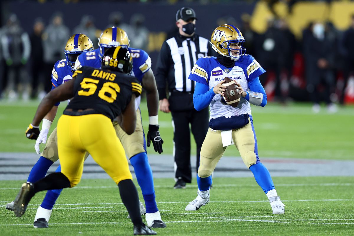 Zach Collaros #9 of the Winnipeg Blue Bombers throws the ball during the 108th Grey Cup CFL Championship Game against the Hamilton Tiger-Cats at Tim Hortons Field on December 12, 2021 in Hamilton, Ontario, Canada.
