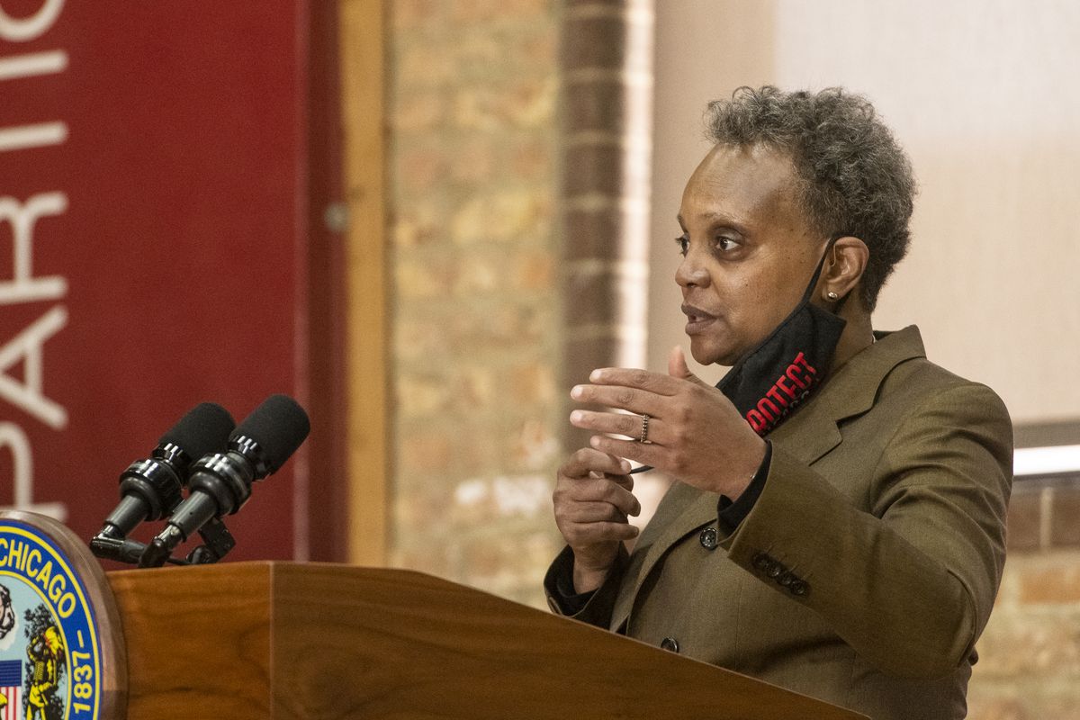 Mayor Lori Lightfoot speaks to reporters on Monday, April 5, 2021 during a press conference with updates to the Adam Toledo shooting at New Life Church in Little Village.