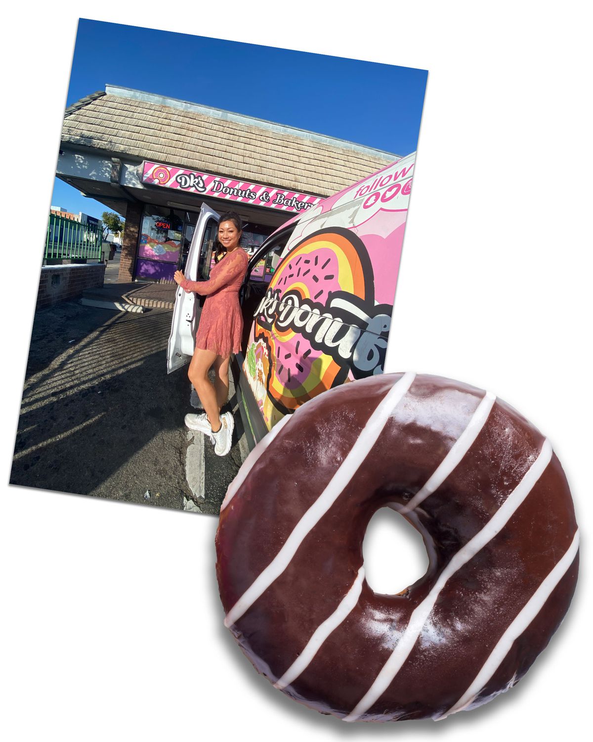 A girl getting out of a van and smiling at DK’s Donuts.