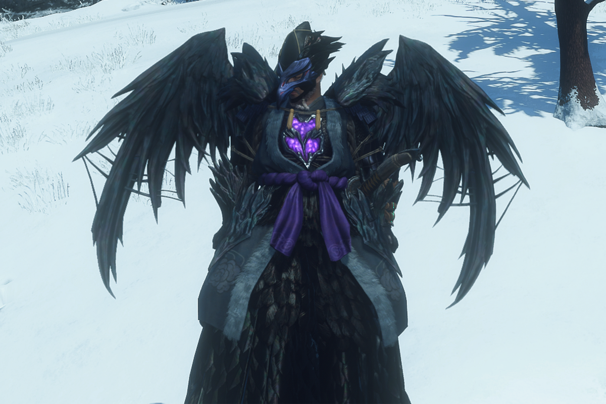 A Wild Hearts hunter wearing the All-Black armor set