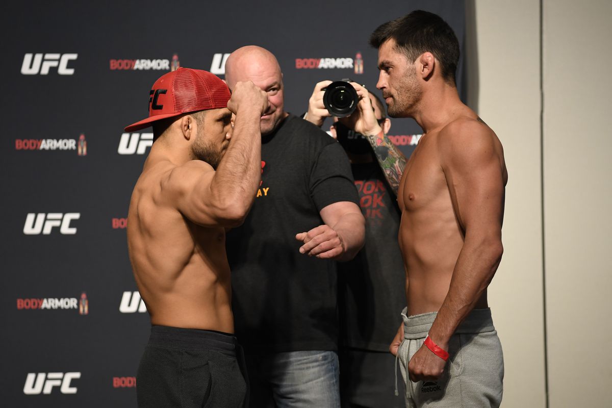 Opponents Henry Cejudo and Dominick Cruz face off during the UFC 249 official weigh-in on May 08, 2020 in Jacksonville, Florida.