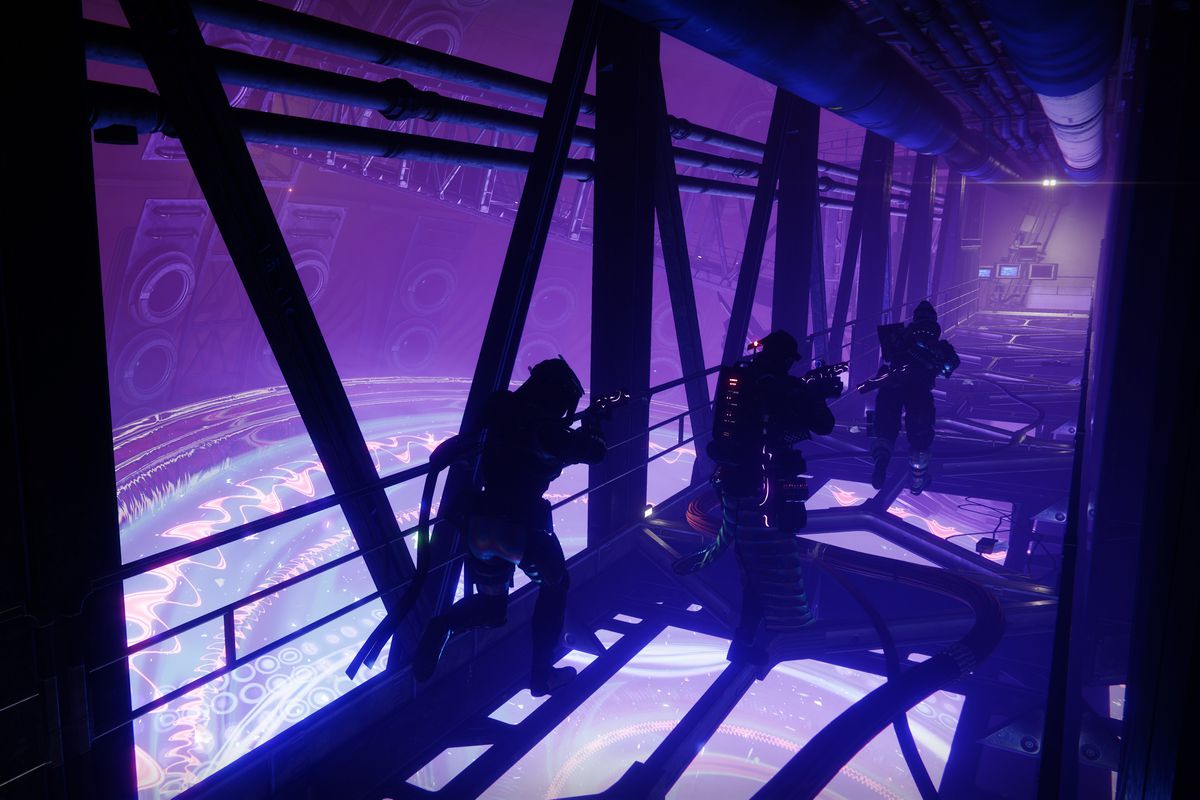 Silhouettes of three Guardians running down a purple backlit corridor