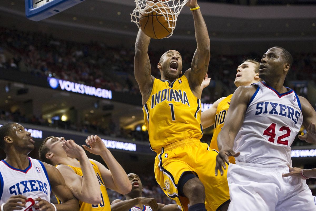 Apr 17, 2012; Philadelphia, PA, USA; Indiana Pacers guard Dahntay Jones (1) dunks during the second quarter against the Philadelphia 76ers at the Wells Fargo Center. Mandatory Credit: Howard Smith-US PRESSWIRE