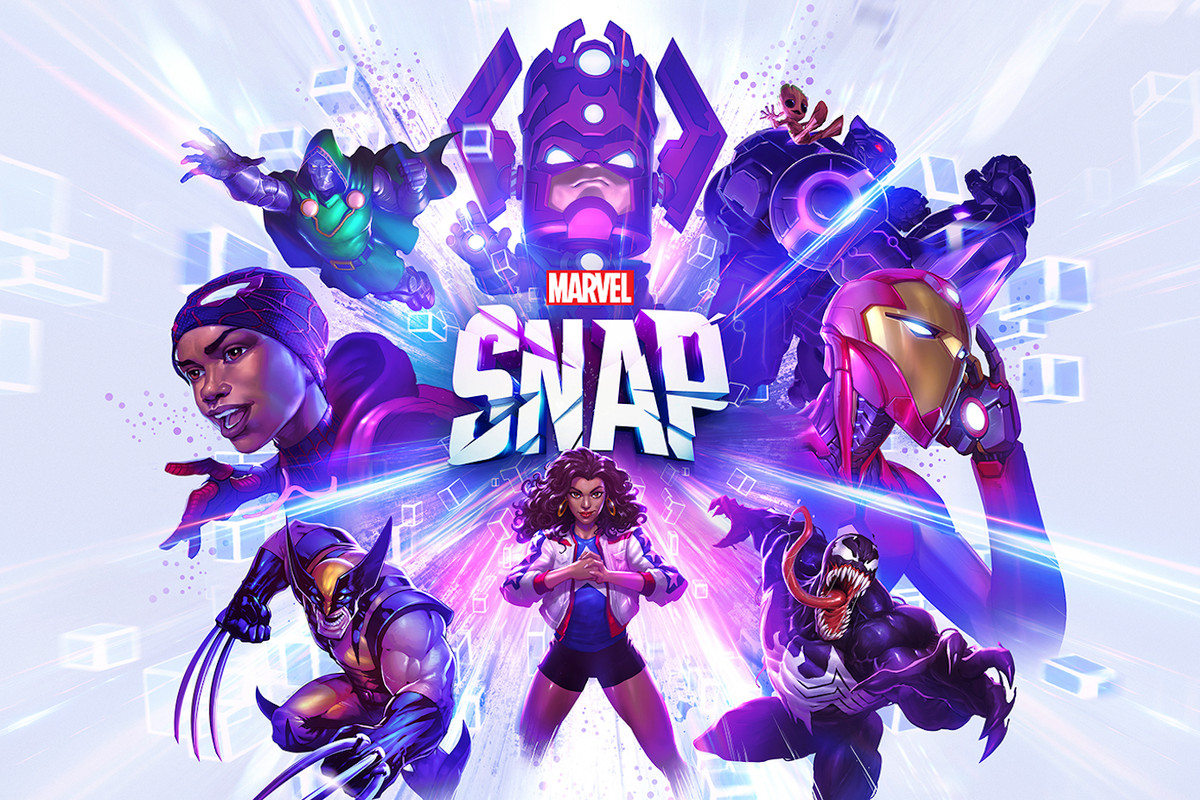 A group of superheroes and villains, including Iron Man, Wolverine, and Venom, assemble epically in front of the logo for Marvel Snap.