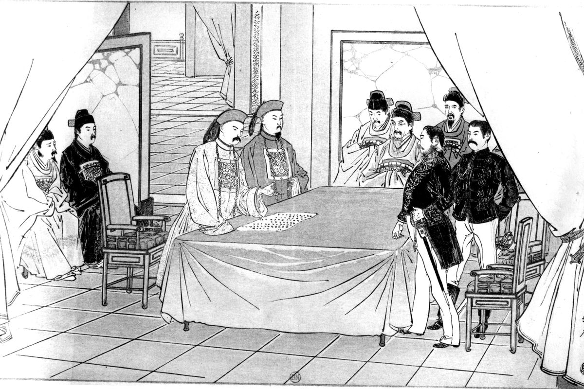 Independence of Korea, O, Tori, minister of Japan in Seoul, discussing with envoys of the Chinese government, May 1894, Korea, Sino-Japanese War, Private collection.