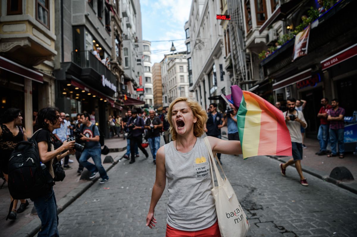 A picture of a woman shouting at a Turkey pride parade in 2016