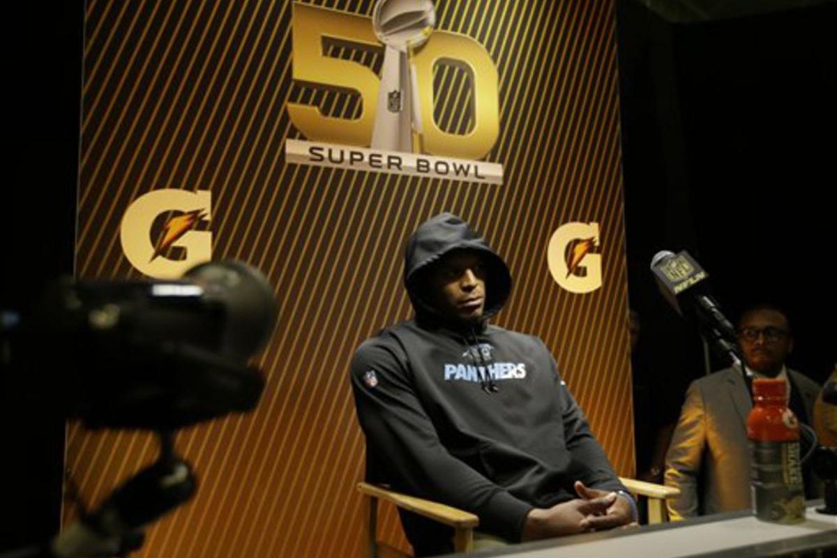 Carolina Panthers’ Cam Newton answers questions after the NFL Super Bowl 50 football game against the Denver Broncos Sunday, Feb. 7, 2016, in Santa Clara, Calif.  The Broncos won 24-10. (AP Photo/Marcio Jose Sanchez) 