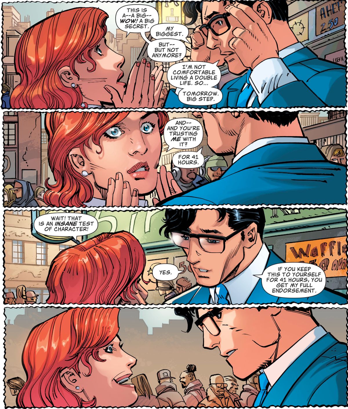 Clark Kent reveals his secret identity to firefighter Melody Moore, after she reveals her intention to run for mayor of Metropolis, in Action Comics #1018, DC Comics (2020).