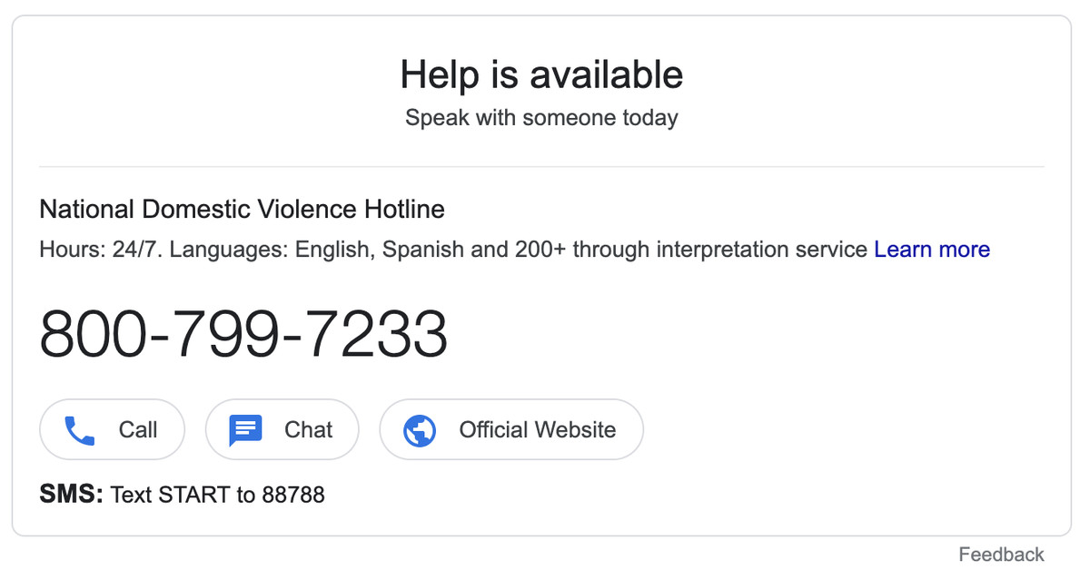 A Google search box with the number for the National Domestic Violence Hotline, 800-799-7233.