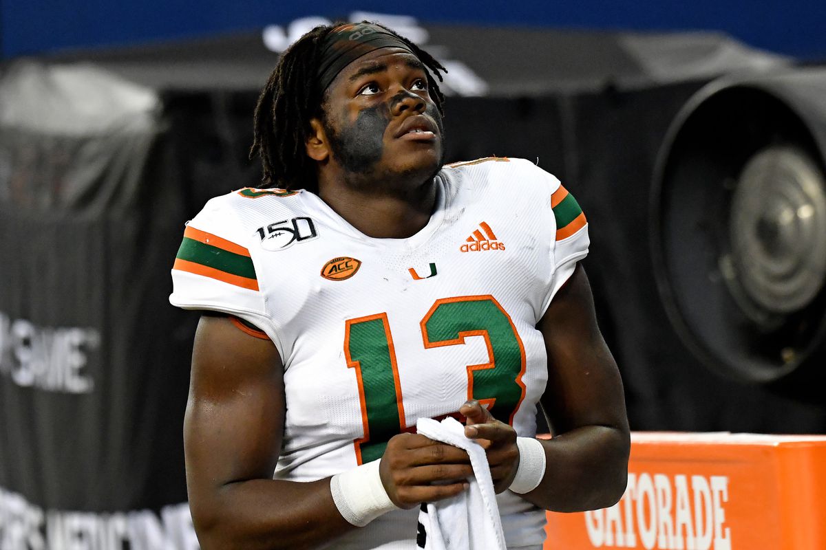 Miami Hurricanes running back DeeJay Dallas looks up on the sideline during the first half against the FIU Golden Panthers at Marlins Park.&nbsp;