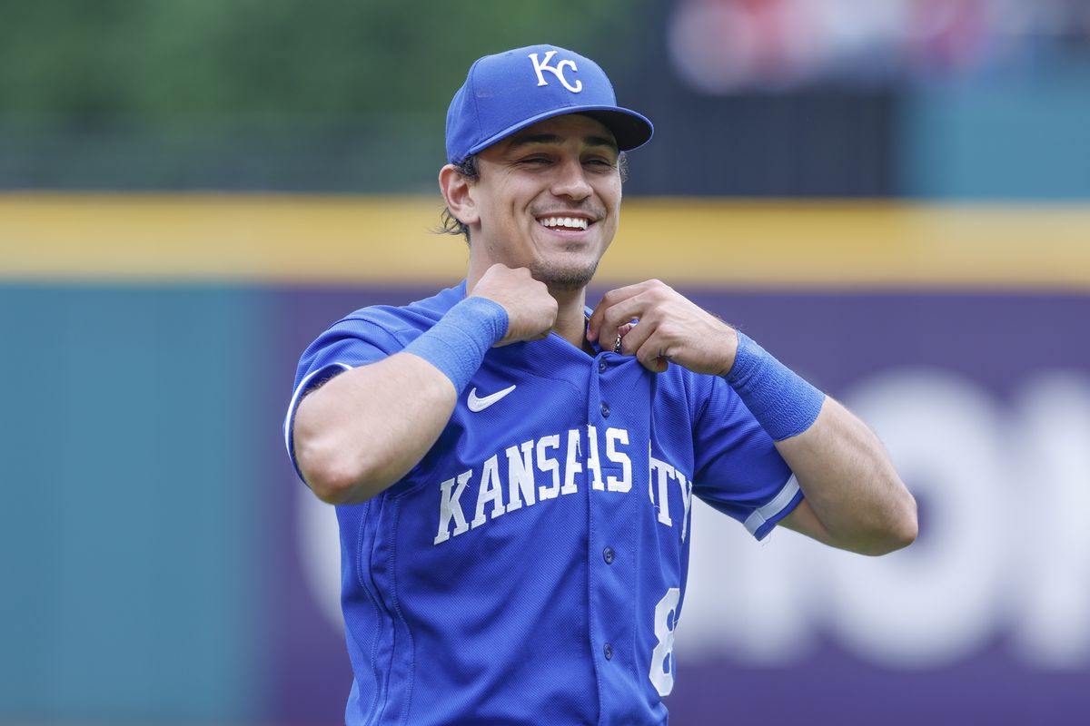 Nicky Lopez #8 of the Kansas City Royals warms up before a game against the Cleveland Guardians at Progressive Field on July 08, 2023 in Cleveland, Ohio.