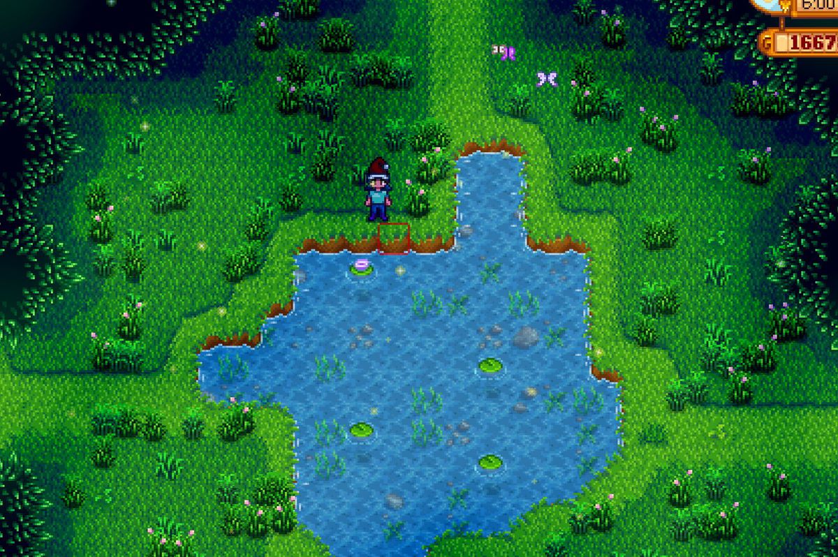 A screenshot from Stardew Valley modded with Deepwoods. The player is standing in front of a pond, in a verdant green area.