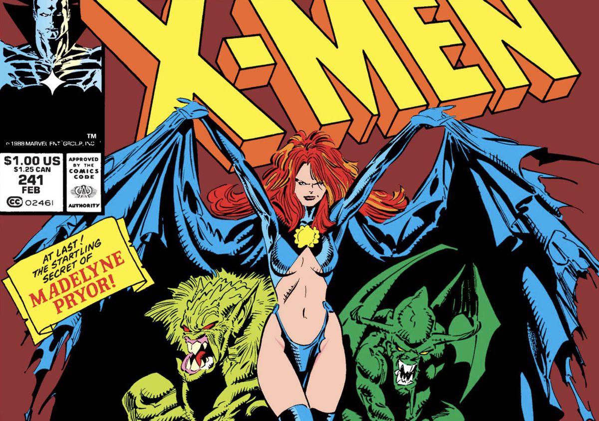 Madelyne Pryor, in her guise as the Goblin Queen, raises her cloak over two snarling green demons, with the X-Men logo above her, from the cover of Uncanny X-Men #241 (1989). 