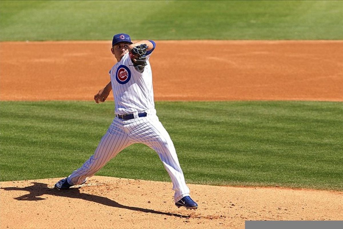 Chicago Cubs pitcher Matt Garza pitches against the Colorado Rockies at HoHoKam Park. Credit: Allan Henry-US PRESSWIRE