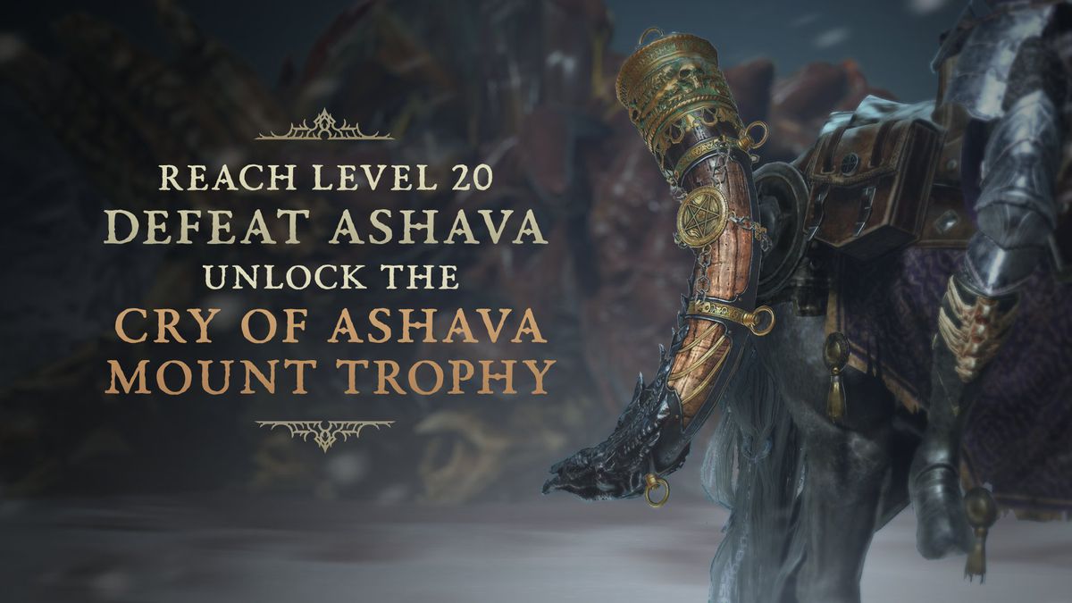 Image with the text ‘Reach Level 20, Defeat Ashava, Unlock the Cry of Ashava Mount Trophy’ next to the mount on the right.