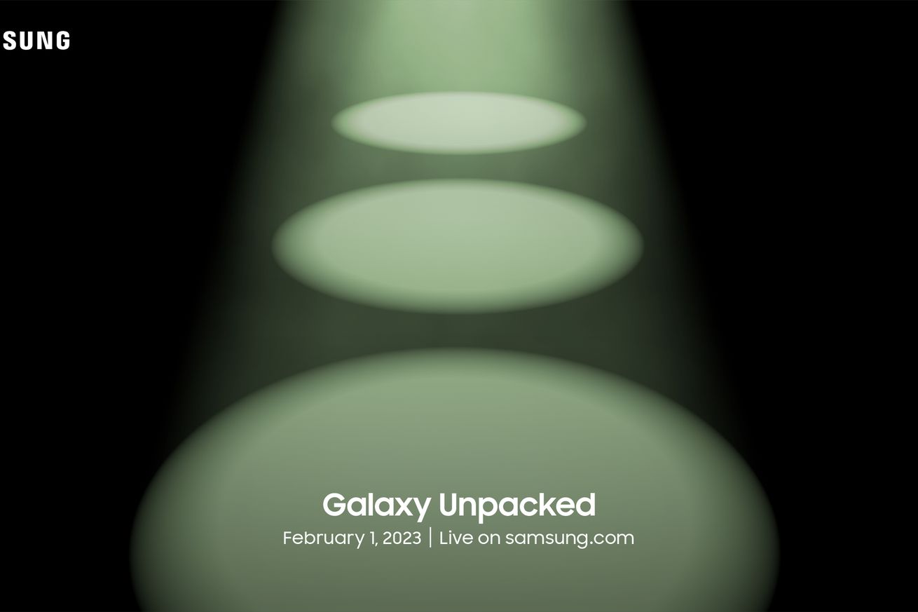 Three illustrated spotlights with text “Galaxy Unpacked February 1, 2023 live on Samsung.com”