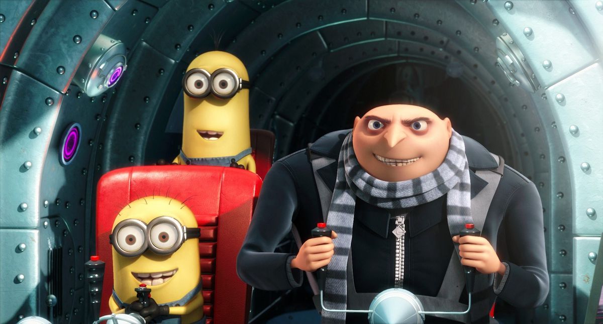 Gru and two of his Minion buddies in the cockpit of his latest diabolical supervillain vehicle.