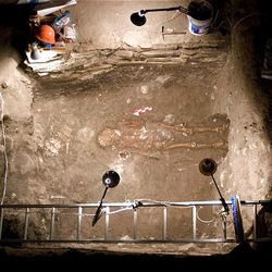 A skeleton is seen from above. The skeleton was found inside a tomb in the ancient city of Chiapa de Corzo, Chiapas, Mexico. Archaeologists believe this is one of the oldest pyramid tombs in Mesoamerica, dating back nearly 2,700 years.