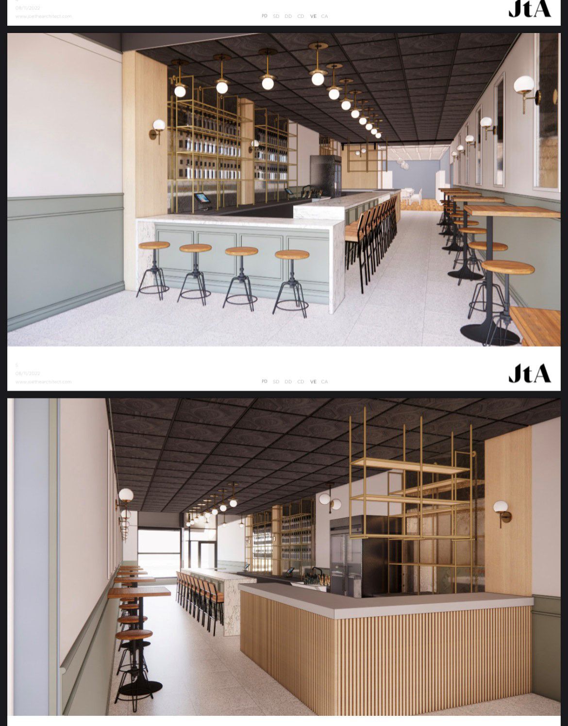 Two restaurant renderings show a long, narrow restaurant with a bar and some high-top seating, decorated with light wooden accents.