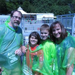 The Hale family prepares to get wet on the Horatio Hornblower cruise boat.