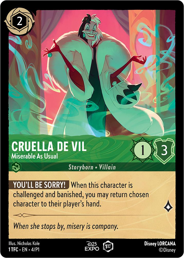 A Cruella de Vil card from Disney Lorcana.  Number 2 in the top left corner.  Next to Cruella's name, there is a number 1 on a circular background and a number 3 on a shield background.  A green banner under Cruella's name that reads 