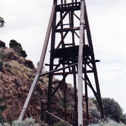 Abandoned gallows frames remain part of scenery near Pioche, Nevada, during a visit in 1994.