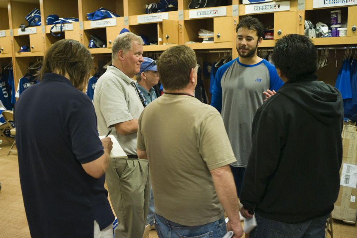 Andre Ethier met with reporters on Saturday, his first day in camp. (<em>Photo: Jon SooHoo / LA Dodgers</em>)