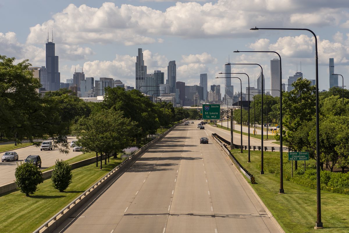 Chicago skyline, seen from 31st Street Bridge over Lake Shore Drive in July 2020.