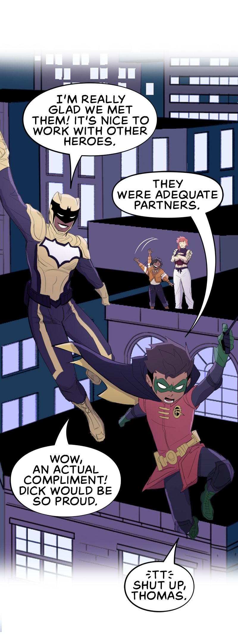 Duke cheerfully and Damian grumply bid farewell to Vixen and her friend in Batman: Wayne Family Adventures.