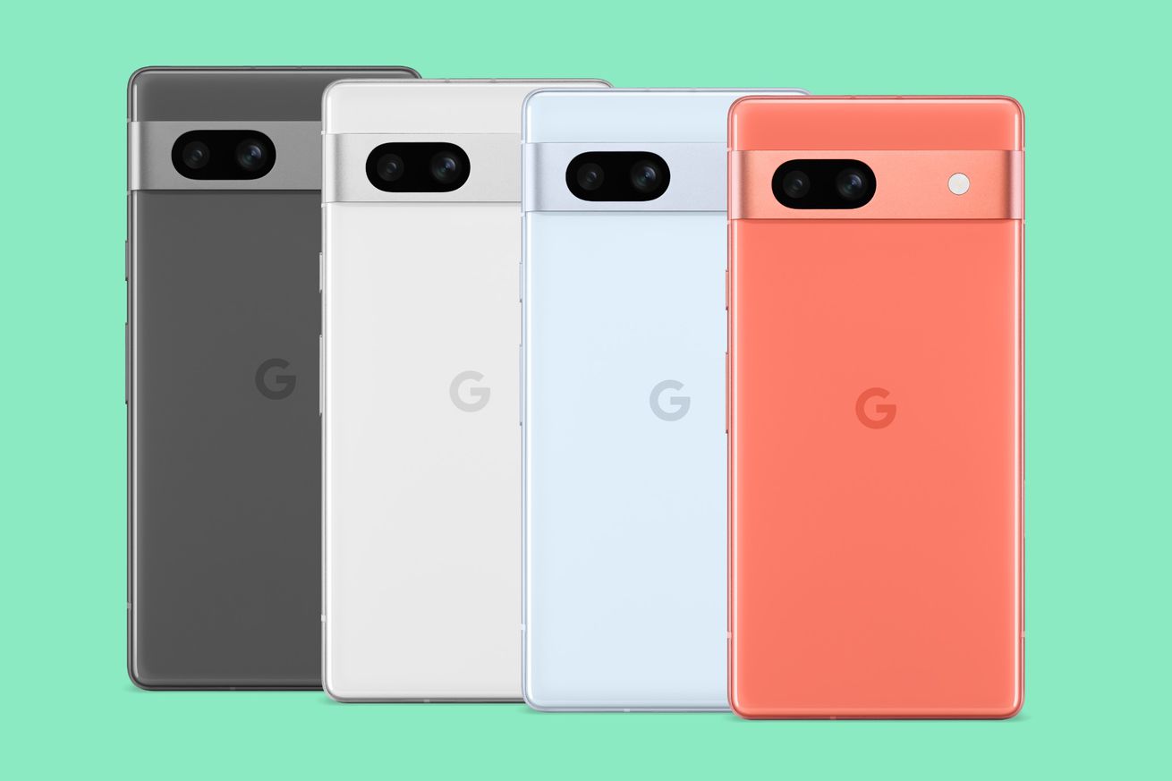 A marketing image of the four colors of Google’s Pixel 7A.