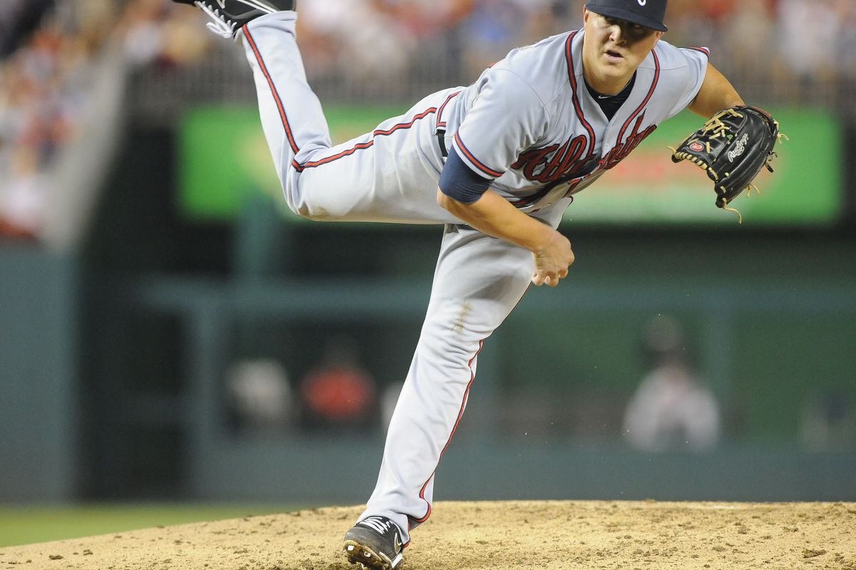 Aug 22, 2012; Washington, DC, USA; Atlanta Braves starting pitcher Kris Medlen (54) throws in the fifth inning against the Washington Nationals at Nationals Park. Mandatory Credit: Brad Mills-US PRESSWIRE