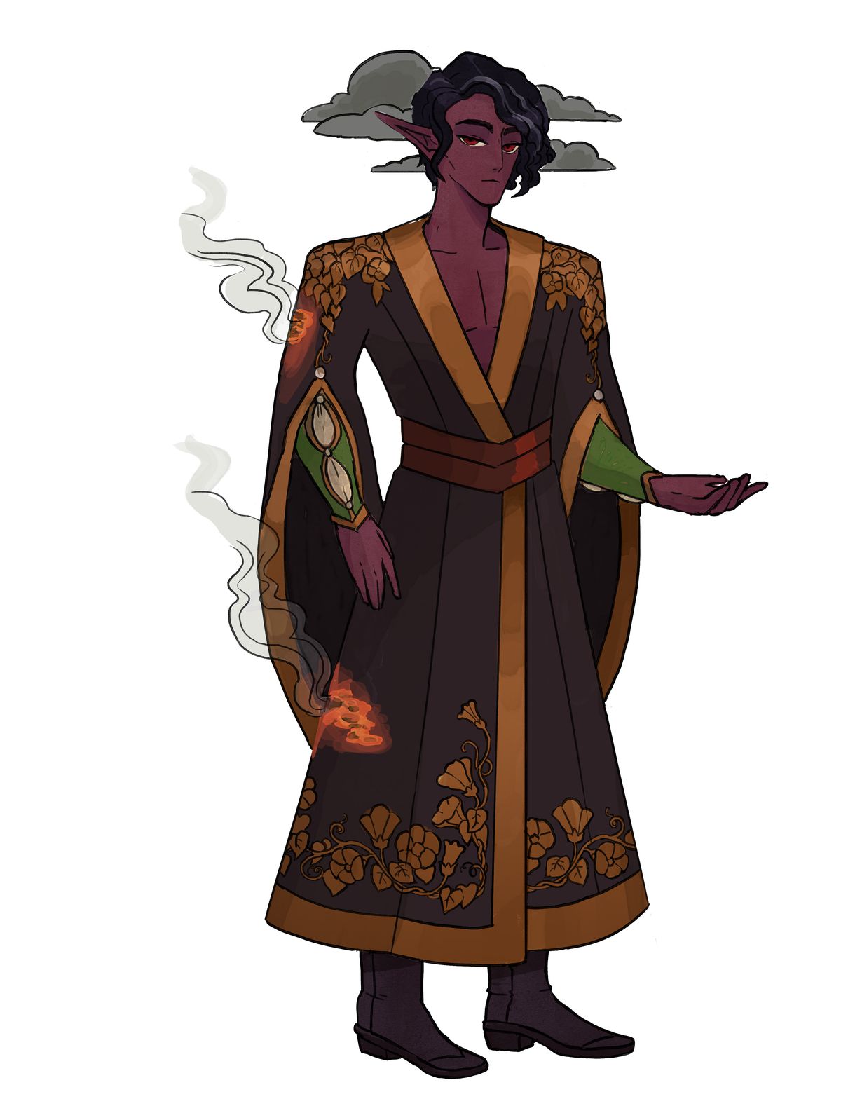 A purple-skinned man with dark hair, his robes open to the waist. He is smoldering — literally on fire in places.