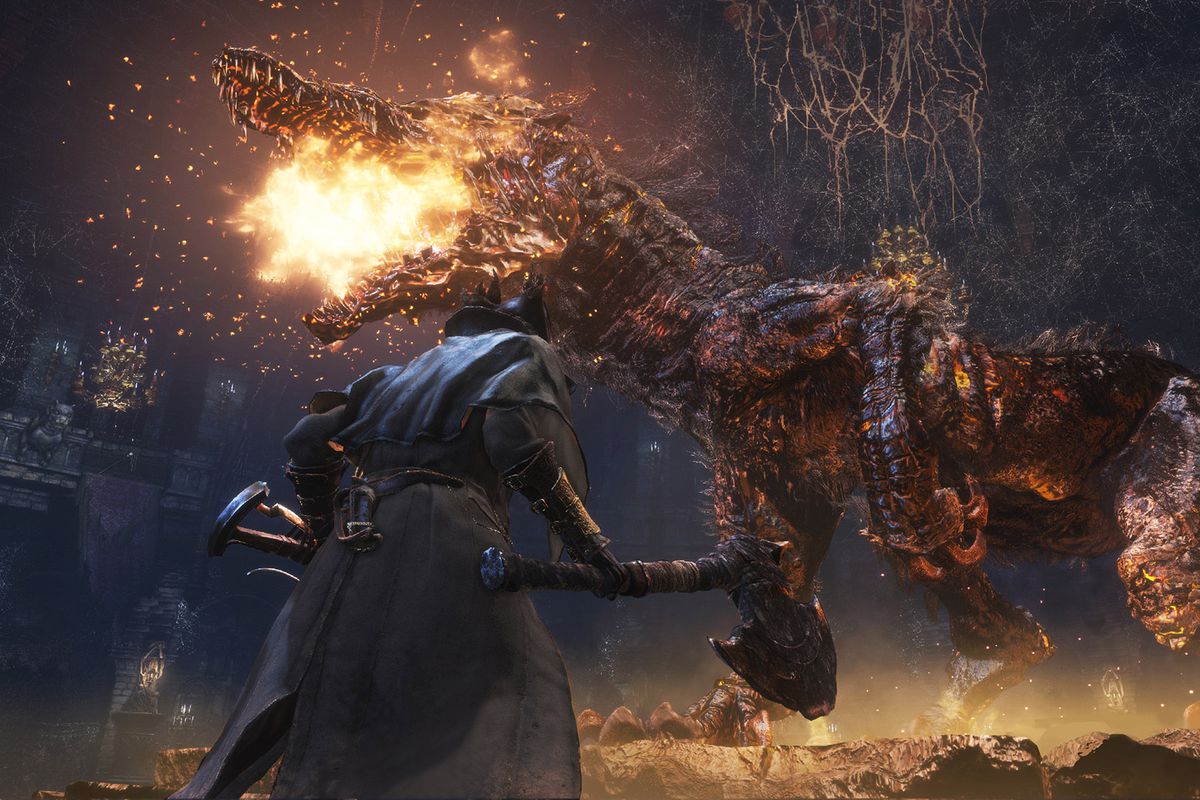 A character with an ax is attacked by a huge dragon in Bloodborne