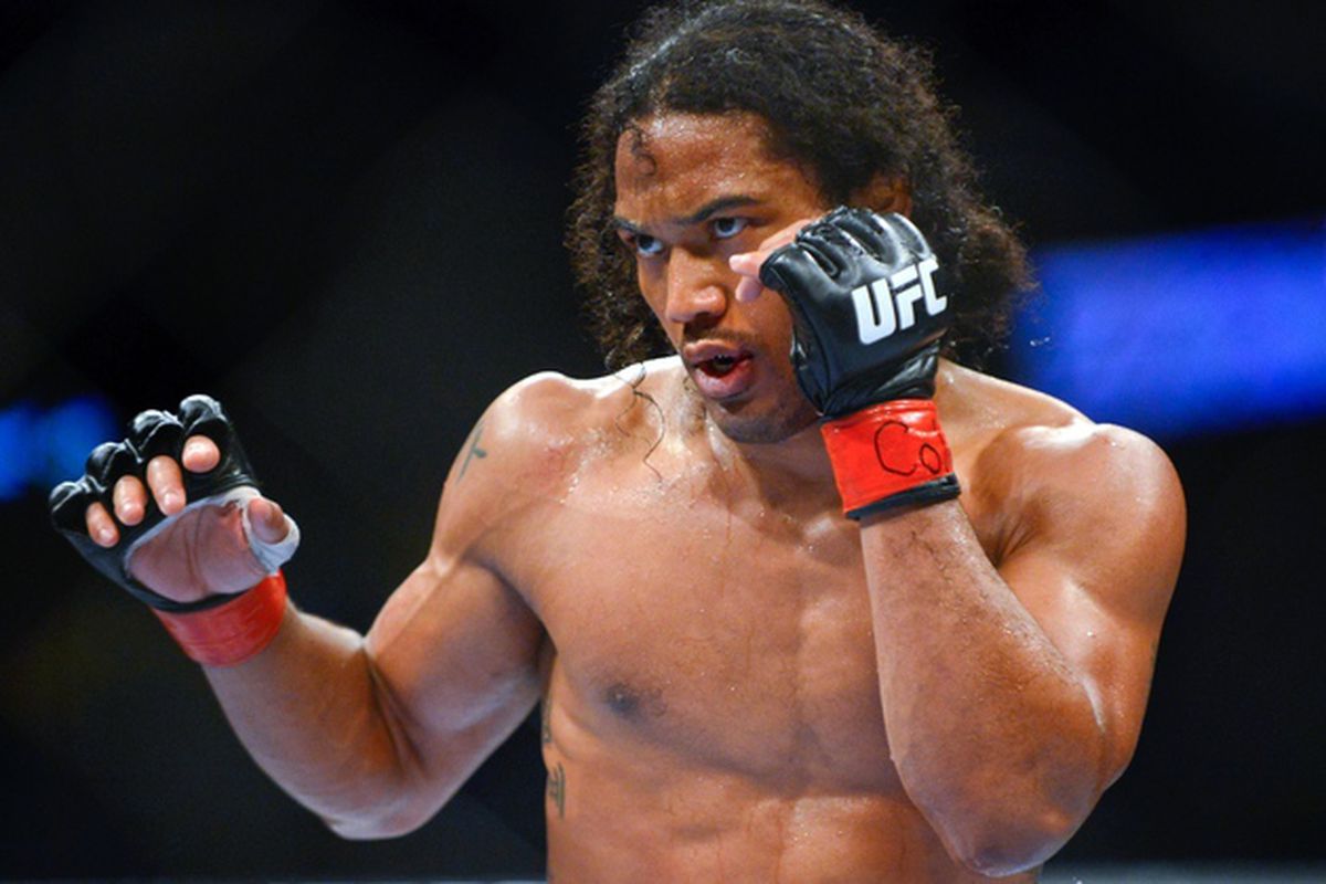 August 11, 2012; Denver, CO, USA; Benson Henderson fights Frankie Edgar (not pictured) during UFC 150 at the Pepsi Center. Mandatory Credit: Ron Chenoy-US PRESSWIRE