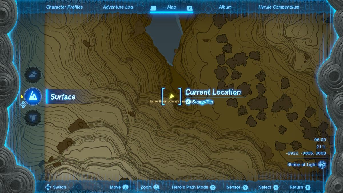 A map shows the location of the Tamio River Downstream Cave in Zelda Tears of the Kingdom.