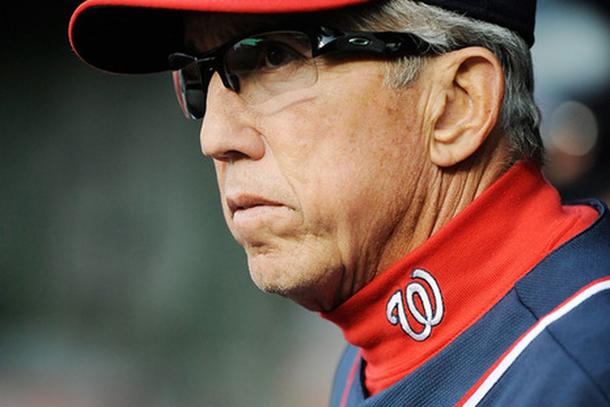 WASHINGTON, DC - MAY 16:  Washington Nationals manager Davey Johnson looks on during a game against the Pittsburgh Pirates at Nationals Park on May 16, 2012 in Washington, DC.  (Photo by Patrick McDermott/Getty Images)