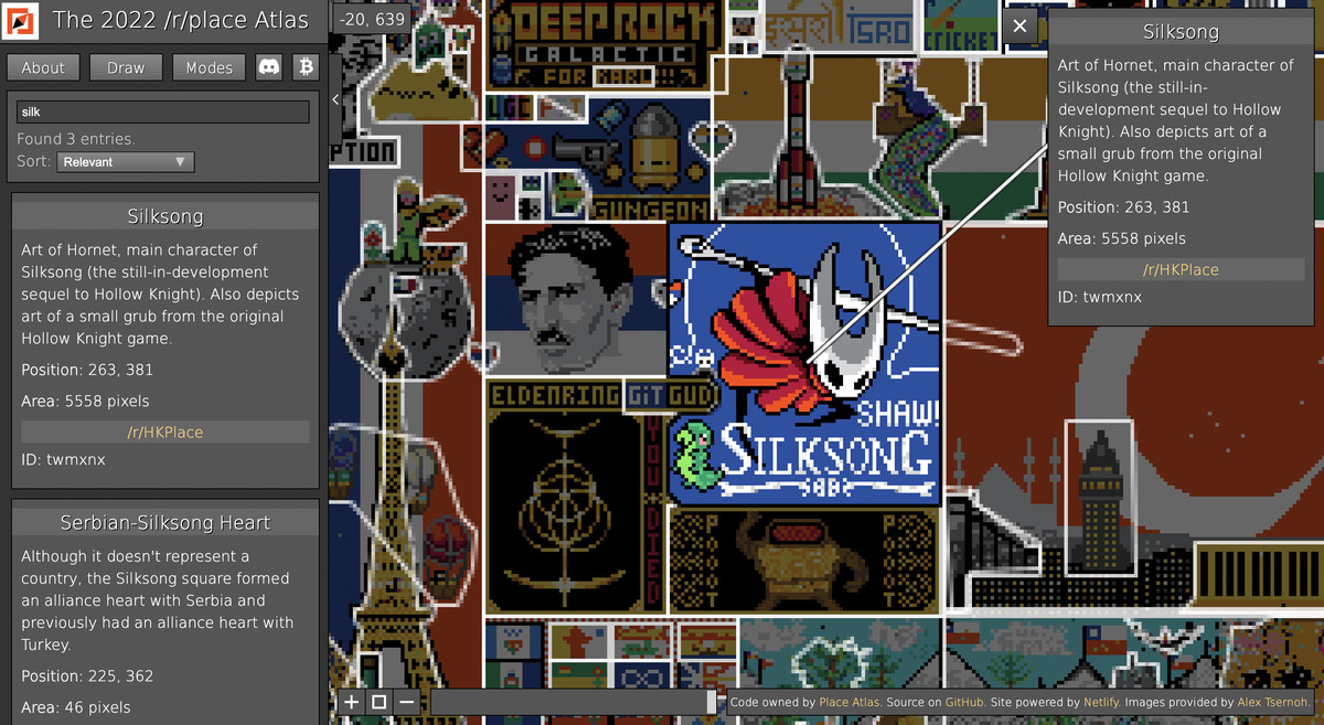 A screenshot from the r/place atlas, focusing on the Hornet from Silksong