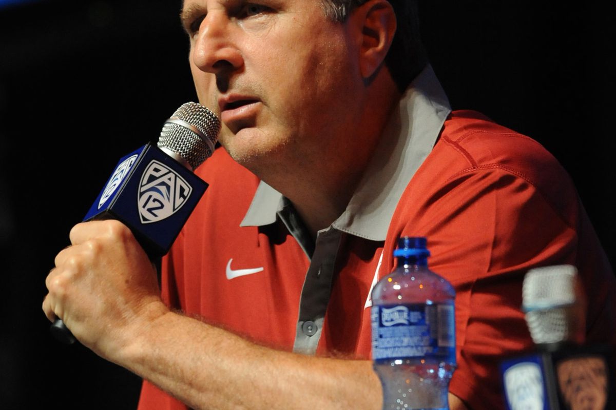 July 24, 2012; Los Angeles, CA, USA; Mike Leach killed a bear in the offseason.  If he could kill a bunch of Huskies during the season, that would be a lot more fun. Credit: Jayne Kamin-Oncea-US PRESSWIRE