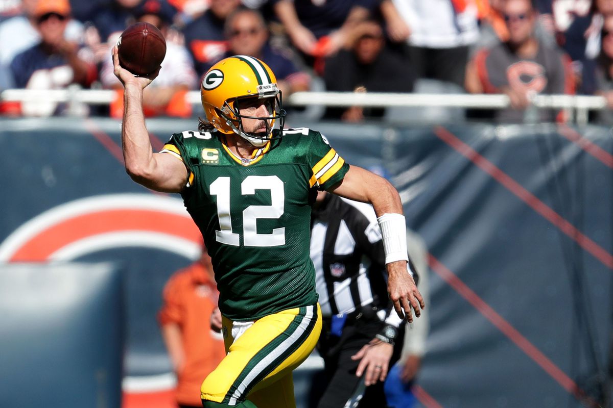 Green Bay Packers quarterback Aaron Rodgers (12) looks to pass during the 1st quarter of their game at Soldier Field in Chicago on Sunday, Oct. 17, 2021.